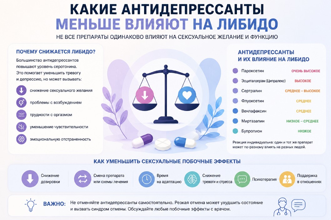 Какие антидепрессанты меньше влияют на либидо
