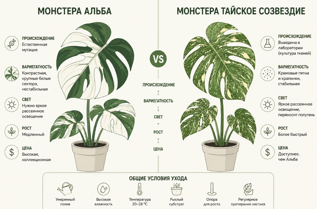 Монстера Альба и Тайское созвездие: главные отличия