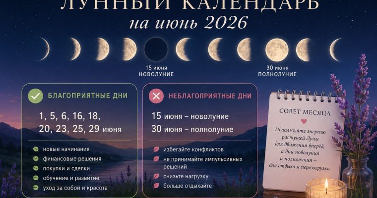 Лунный календарь на июнь 2026: благоприятные и неблагоприятные дни месяца