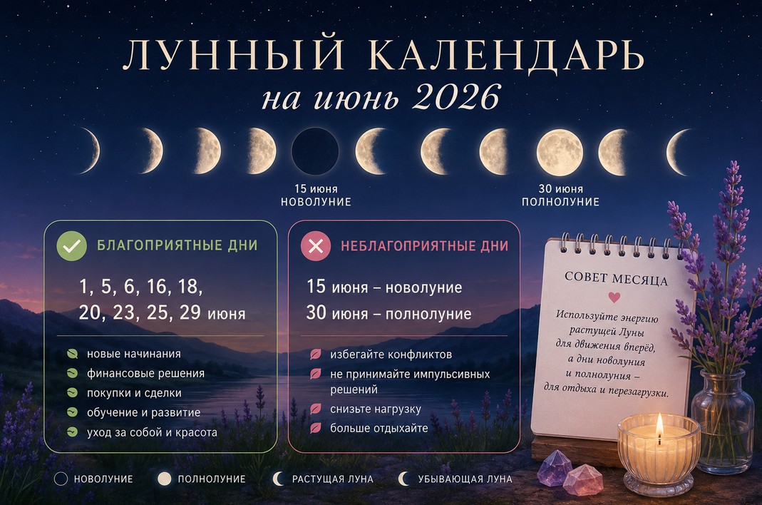 Лунный календарь на июнь 2026: благоприятные и неблагоприятные дни месяца