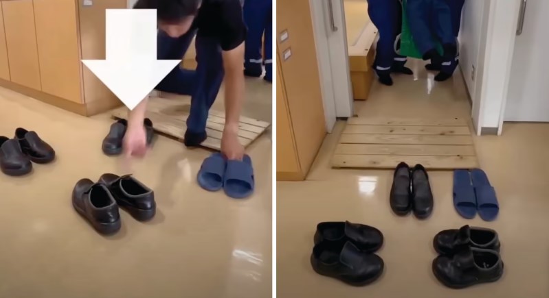В Японии попросили не поправлять обувь спасателей у двери